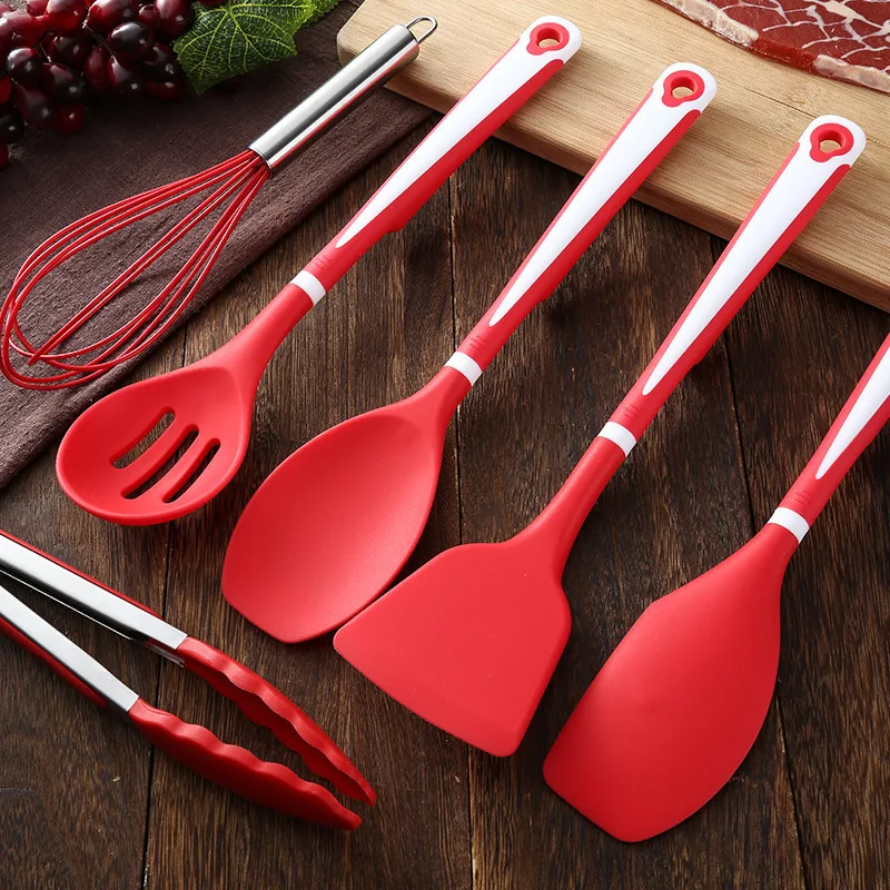 

Silicone kitchenware set,plastic handle,spatula,soup spoon,kitchenware with storage bucket