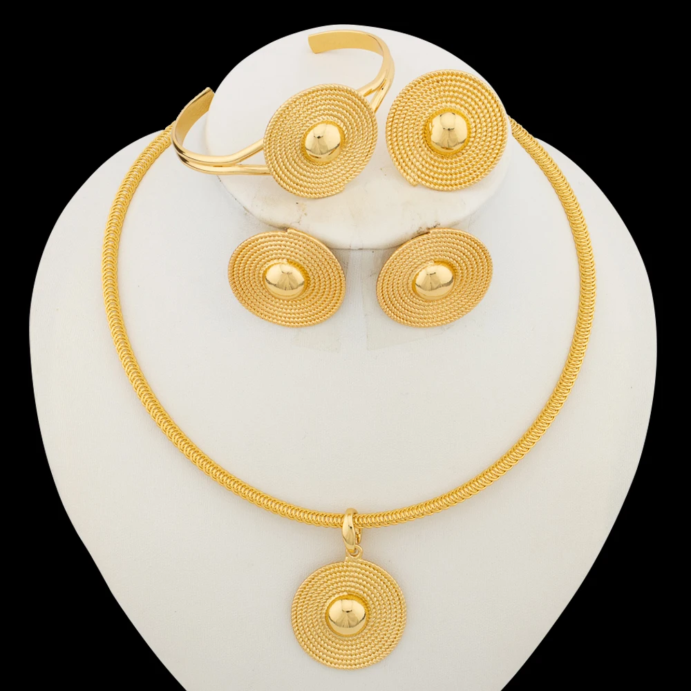 

African Gold Color Jewelry Set for Women Round Pendant Necklace and Clip Earrings with Bangle Ring Set for Daily Party Jewellry