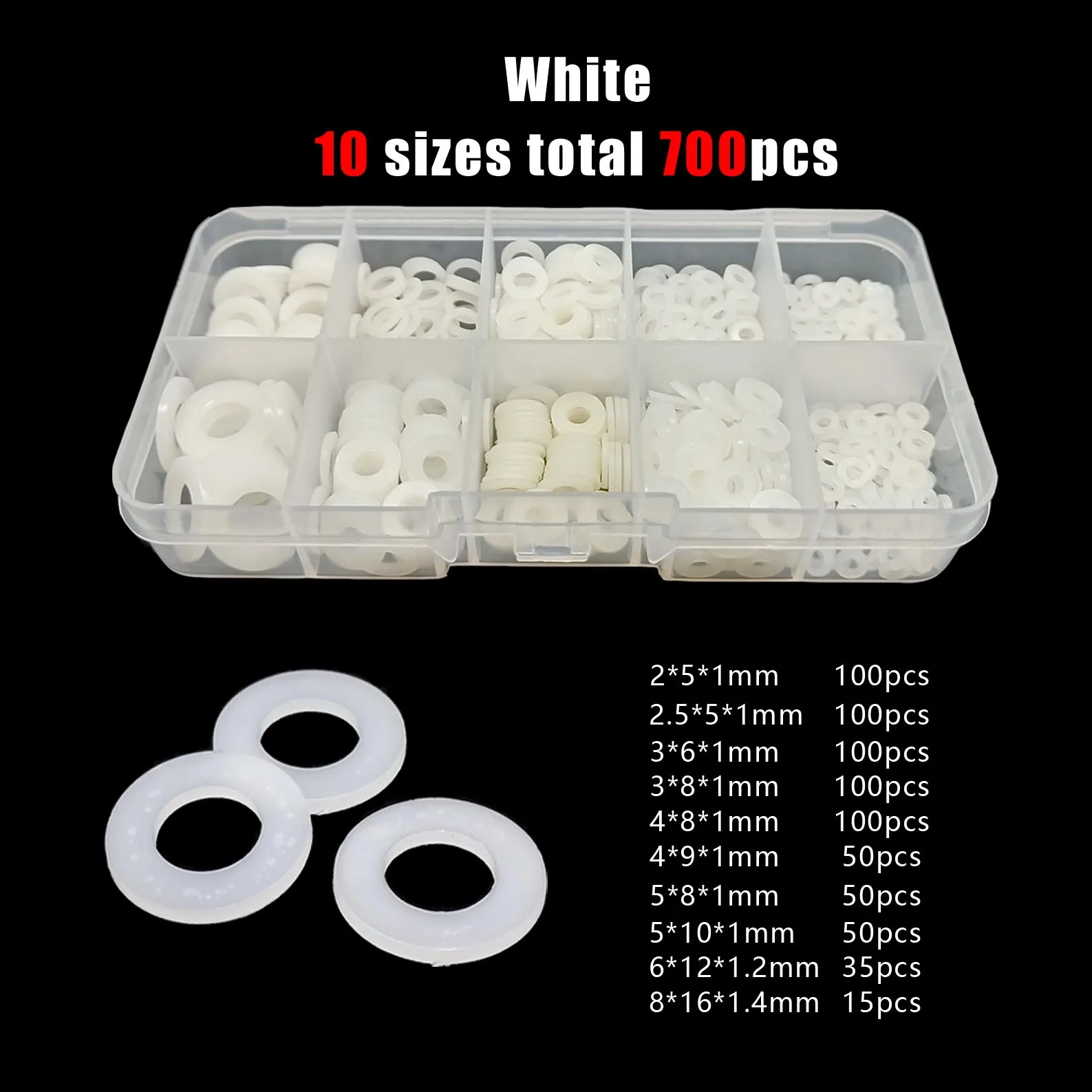 500/700pcs Box Plastic Nylon Flat Washer Plain Spacer Insulation Gasket Ring Assortment Kit Set M2 M2.5 M3 M4 M5 M6 M8 M10