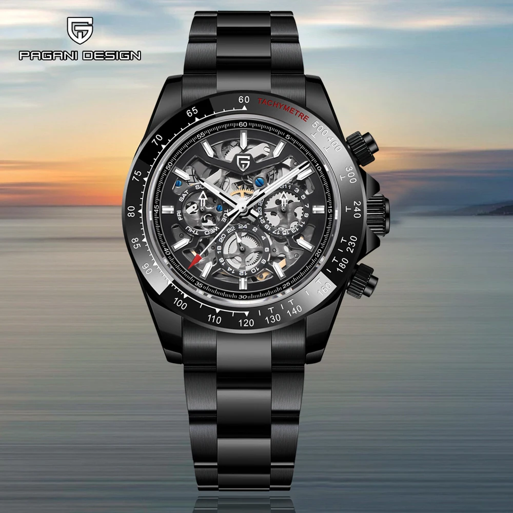PAGANI DESIGN Hollow Men's Watches Black Luxury Automatic Watch For Man Mechanical Wristwatches AR Sapphire Mirror Ceramic Bezel