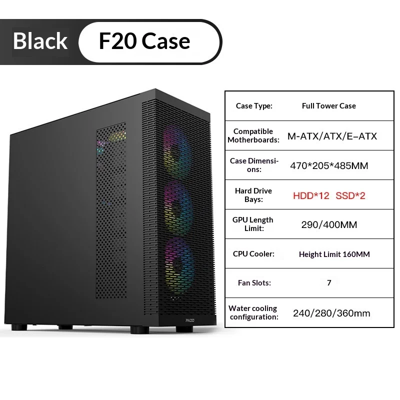F20 E-ATX PC 케이스 12베이 HDD NAS 섀시 ATX M-ATX 컴퓨터 케이스 400mm GPU, 360mm 수냉식 ATX PSU 지원