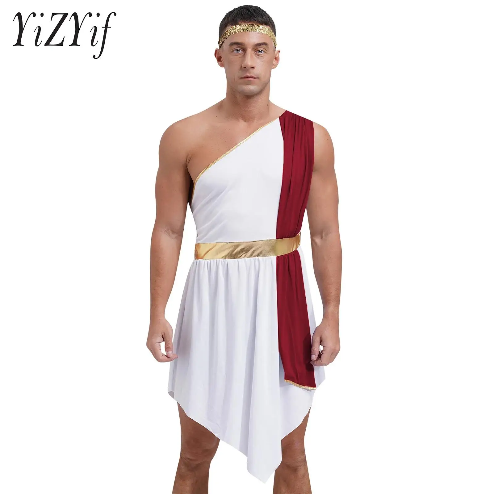 

Men Roman Greek Halloween Costume Color Block Irregular Hem One Shoulder Sleeveless Dresses with Sequin Headband Cosplay Outfit