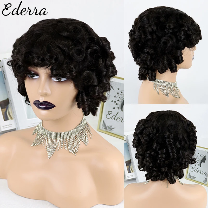 

Bouncy Curly Fringe Wig Pixie Cut Wig Short Curly Human Hair Wigs For Women Cheap Full Machine Wigs Egg Curls Bob Wig With Bangs