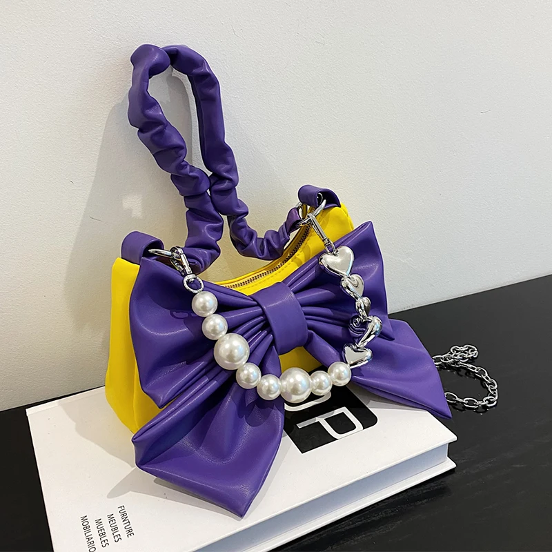 

Big Bow Design Handbag Fashion Half Moon Underarm Shoulder Bag Clutches Quality Leather Contrast Color Crossbody Bag Female