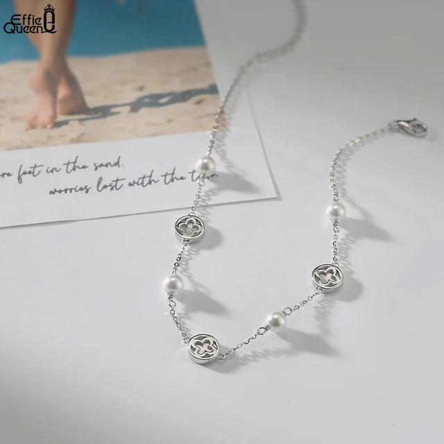 Effie Queen 925 Silver Four-Leaf Clover Anklet With Shell Pearls Customizable Lucky Clover Jewelry, Gift for Anniversary GMA06