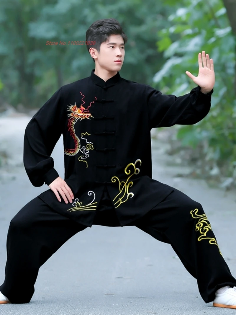 chinese vintage kung fu tai chi martial arts taijiquan wushu training exercise practice dragon embroidery tops+pants set