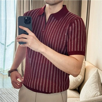 Polo in Lyocell e Lino a Righe con Mezza Cerniera, T-shirt a Maniche Corte in Maglia Traspirante e Assorbente per Uomo