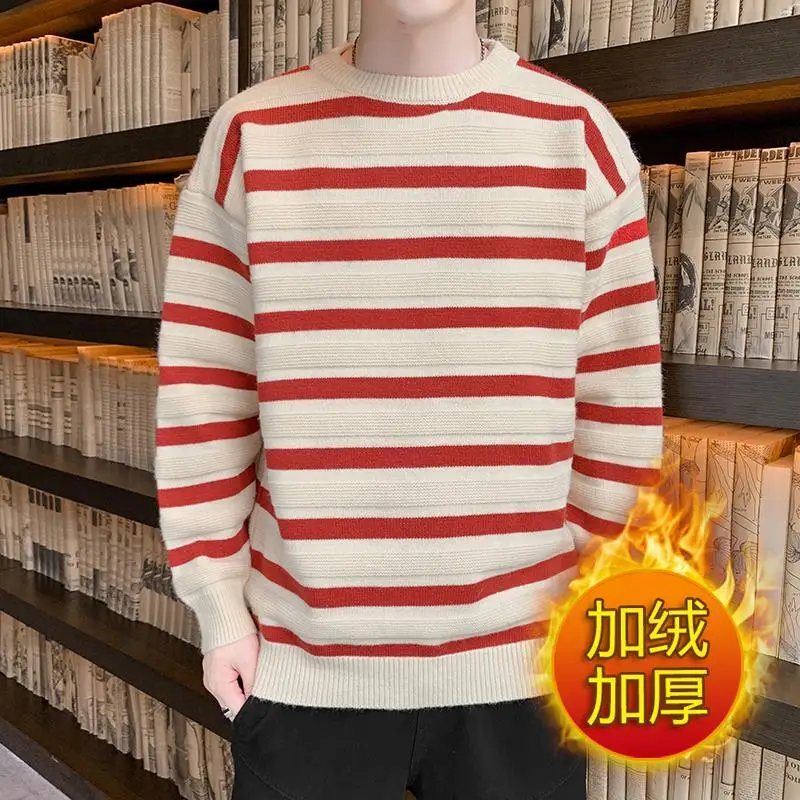 

2022 New Fashion Warm Fleece Pullover Red And Black Stripe Knitted Sweater Men Winter O-Neck Casual Sweater Trend Clothing