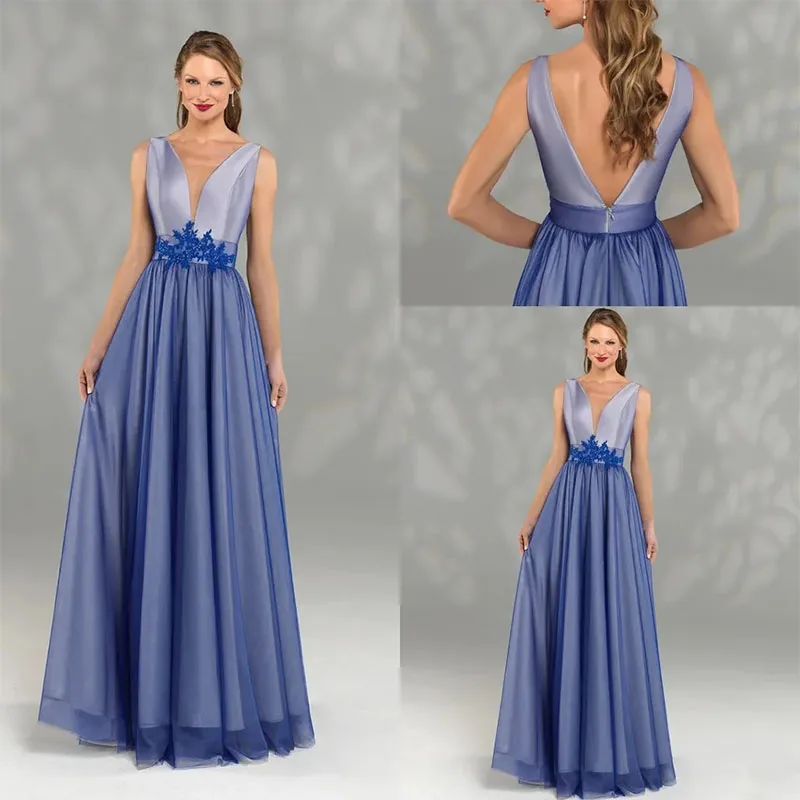 Elegant A-line Mother Of The Bride Dress V-Neck Sleeveless Applique Floor-length Wedding Guest Dress Customize The Back Style