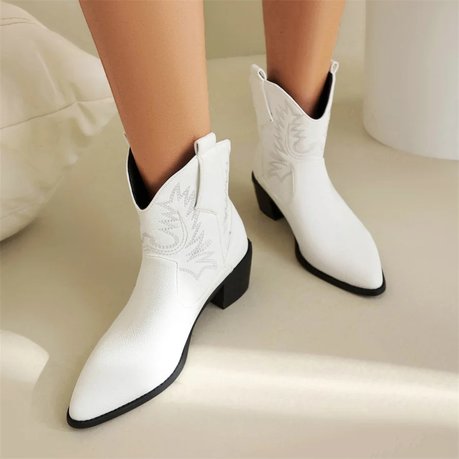 

Women Ankle Boots 2023 Winter Elegant High Heel Fashion Embroidery Large Size 43 Pointy Toe Western Cowboy Boots Dropshopping