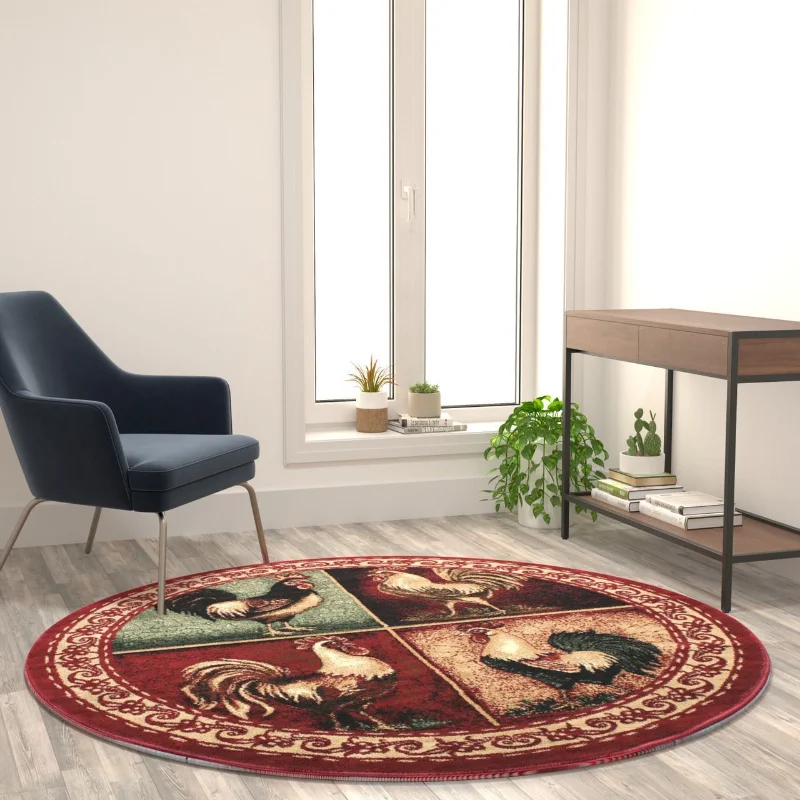 

6' X 6' Round Red Carpets for Bed Room Rooster Themed Olefin Area Rug with Jute BacKing Home Living Room Decoration