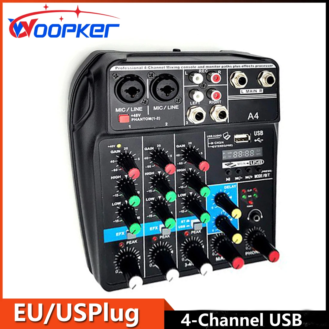 Woopker Mixer Sound A4 4-Channel Bluetooth Console Usb Record Computer 48V Phantom Power DJdevice