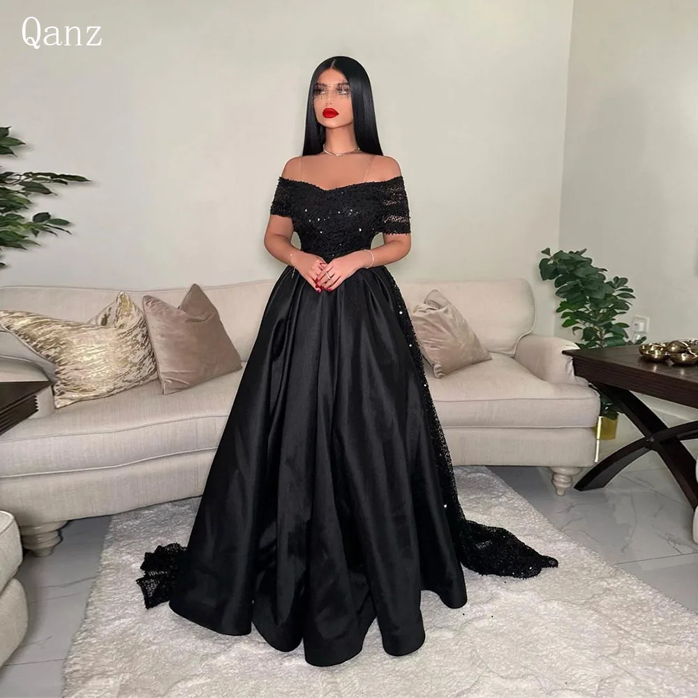 

Qanz Black Sparkle Dubai Arab Evening Dresses Glitter Sequined Off The Shouder Satin Prom Dresses 2024 Luxury Gown Party Dresses