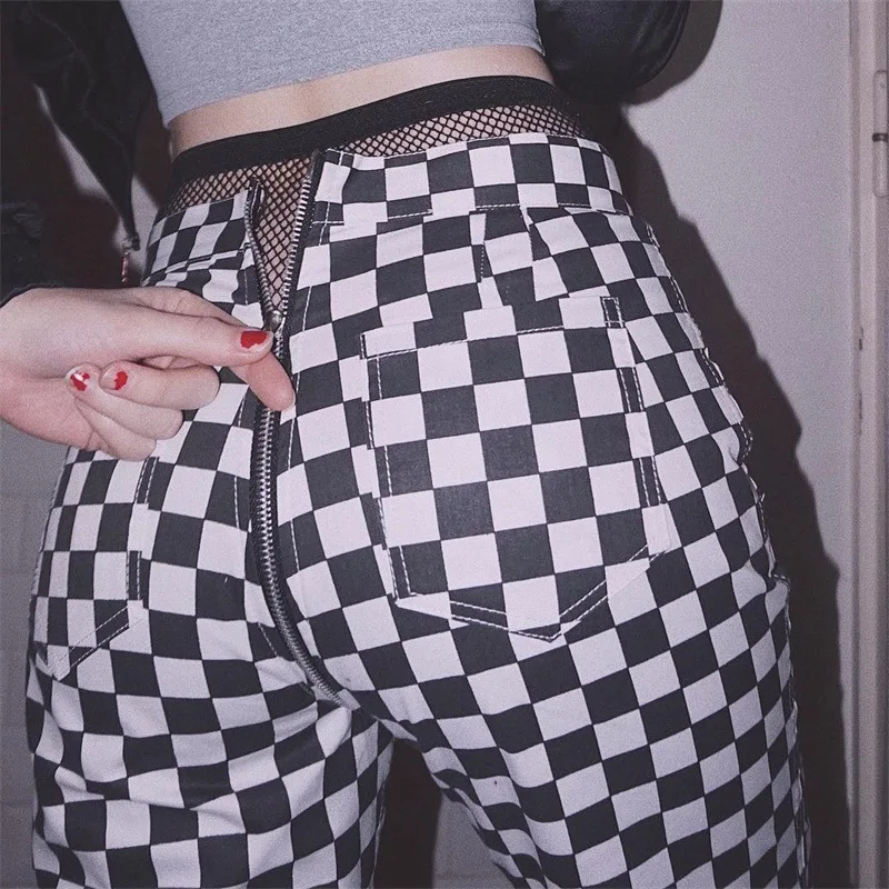 Fashion Personality Front and Rear Zipper Black and White Plaid Loose Straight-leg Casual Gothic Pants 2024 Spring and Autumn