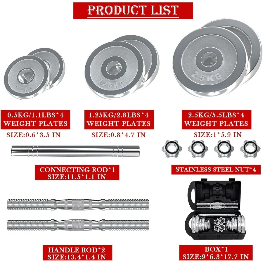 Fitness Dumbbells Set, Adjustable Weight Sets up to 44 lbs, with Metal Connecting Rod Used As Barbell, Chromed Weights, Hardcove