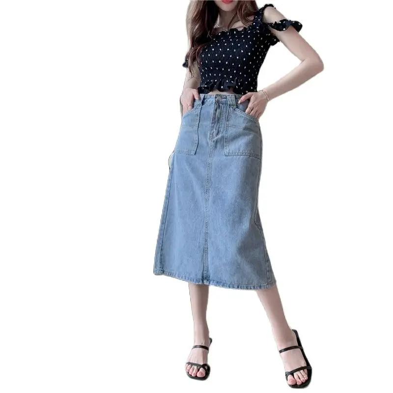 

Female denim skirt high-waisted back split patch pocket package hip skirt