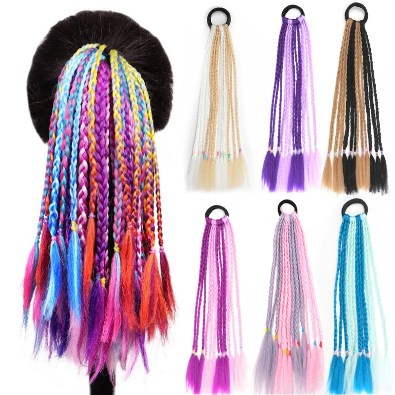 

Short Girls Kids Colored Box Braided Ponytail With Elastic Rubber Band Hair Extension 12inch Rainbow Color Wig Pigtail Hairpiece