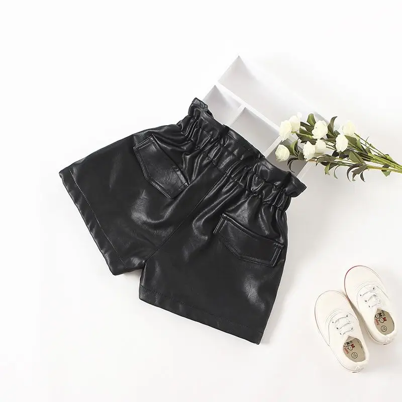 Kids Shorts Spring Summer Autumn Girls Fashion Pu Leather Shorts with Buttons