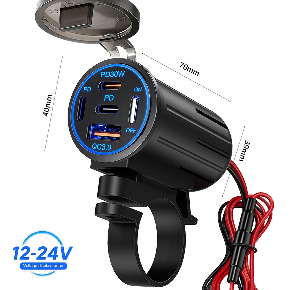Caricatore per Auto con Presa USB Tipo-C Multiporta, Ricarica Rapida, Impermeabile con Voltmetro 12V/24V per Auto, Barca, Moto - Image 3