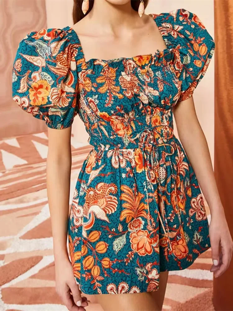

Women Backless Print Playsuits Elastic Waist Lace-up 100% Cotton Square Collar Puff Sleeve Romper