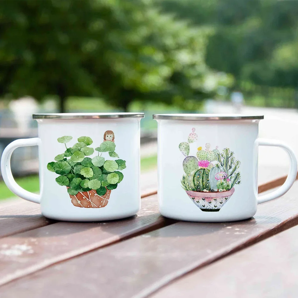 

Green Plant Print Enamel Creative Coffee Tea Water Milk Cup Summer Camping Mugs Handle Drinkware Vacation Hiking Mug Camper Gift