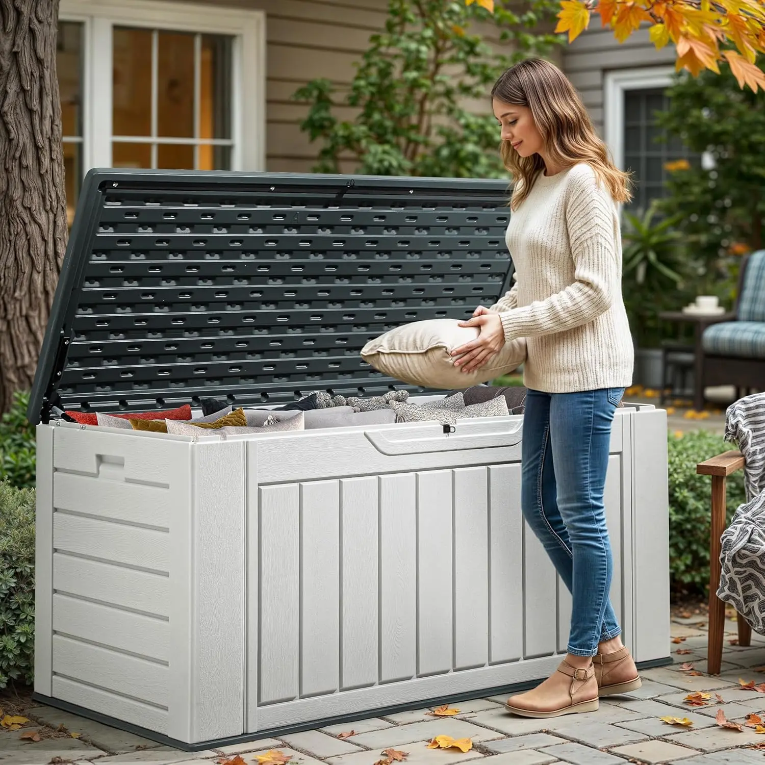 Extra Large160 Gallon Spacious Deck Container, Waterproof Outdoor Storage Chest for Patio Furniture Pillows, Gardening Equipment 5