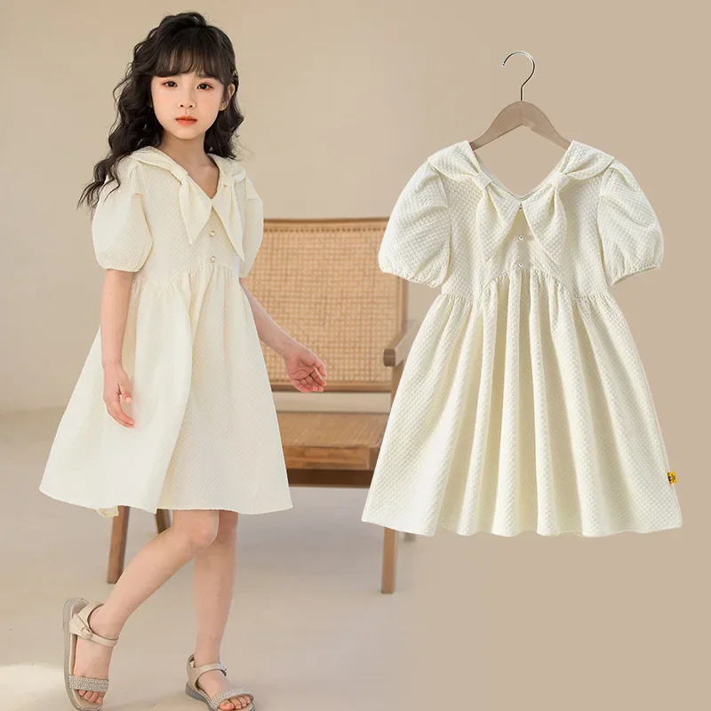 

2024 Korean Summer Junior Girl Princess Dress Teenager Girl Checkered Bow Dress Children Girl Bubble Sleeve Prom Dress