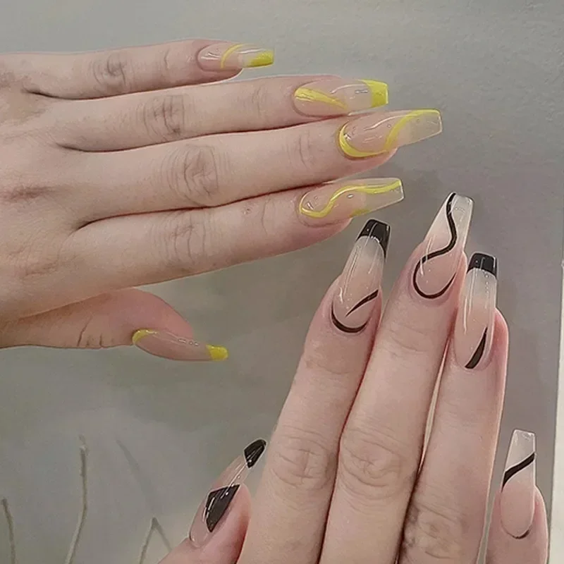 

24Pcs/Box Long double color Fake Nails Press False Nail Tips with Glue Sticker Set Art