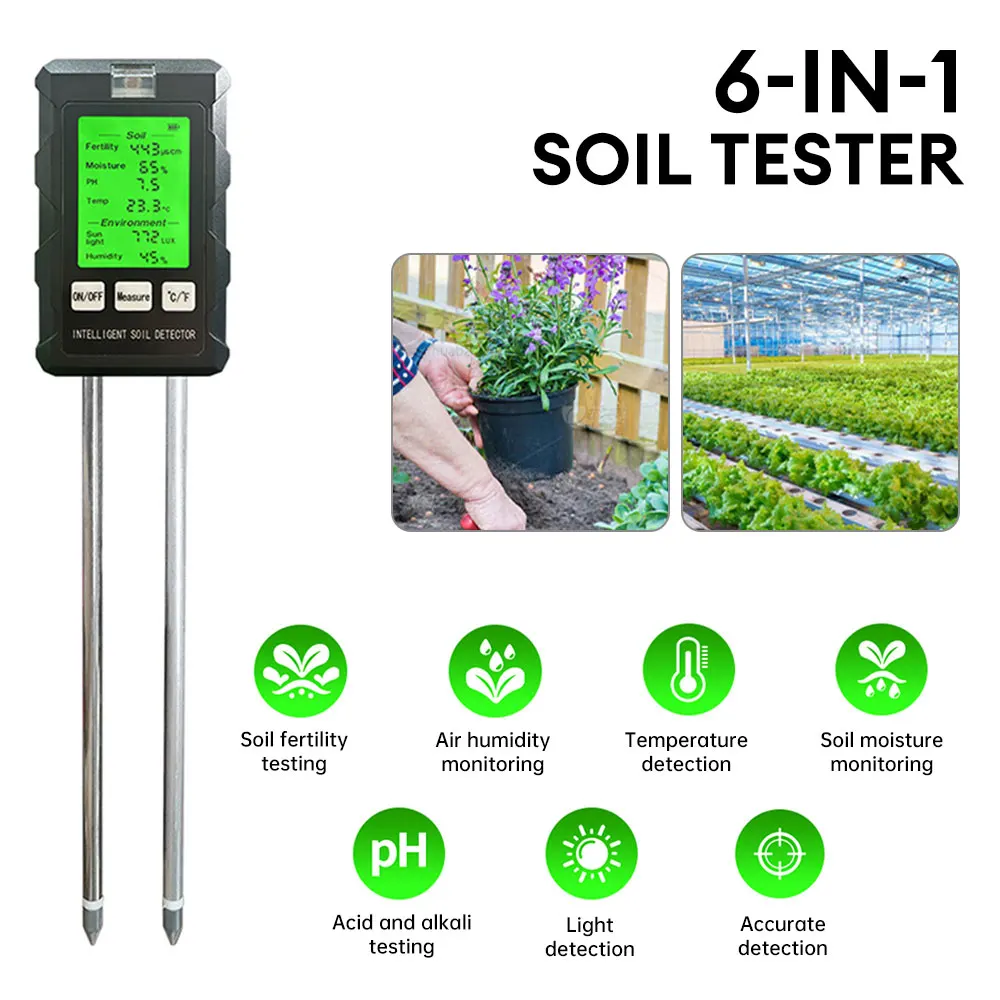 Testeur De Sol 5 En 1 Uzoli - Mesure Humidité, PH, Fertilité, Lumière Et Température - Écran Numérique, Sondes Inox - Pour Jardin, Balcon, Intérieur