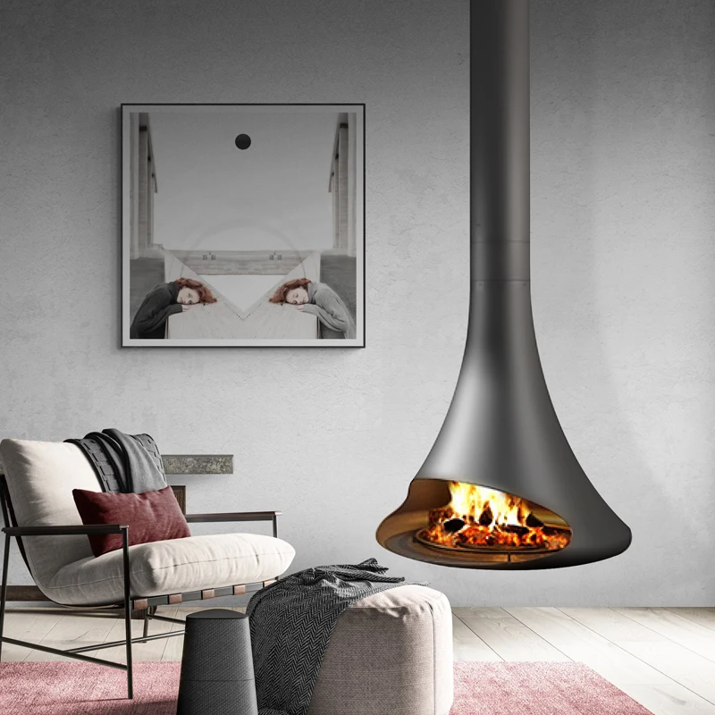 เตาผิงแบบแขวนกลางแบบกำหนดเองได้ ใช้ฟืนจริง เหมาะสำหรับตกแต่งบ้านพัก ให้ความอบอุ่น เตาผิงขนาดใหญ่แบบเผาไม้ 1