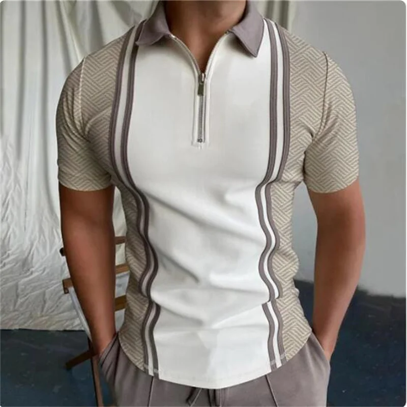 

New Summer High Quality Men Polo Shirts High Street Print Casual Short Sleeve Mens Shirts Turn-Down Collar Zipper Polo Shirt Men