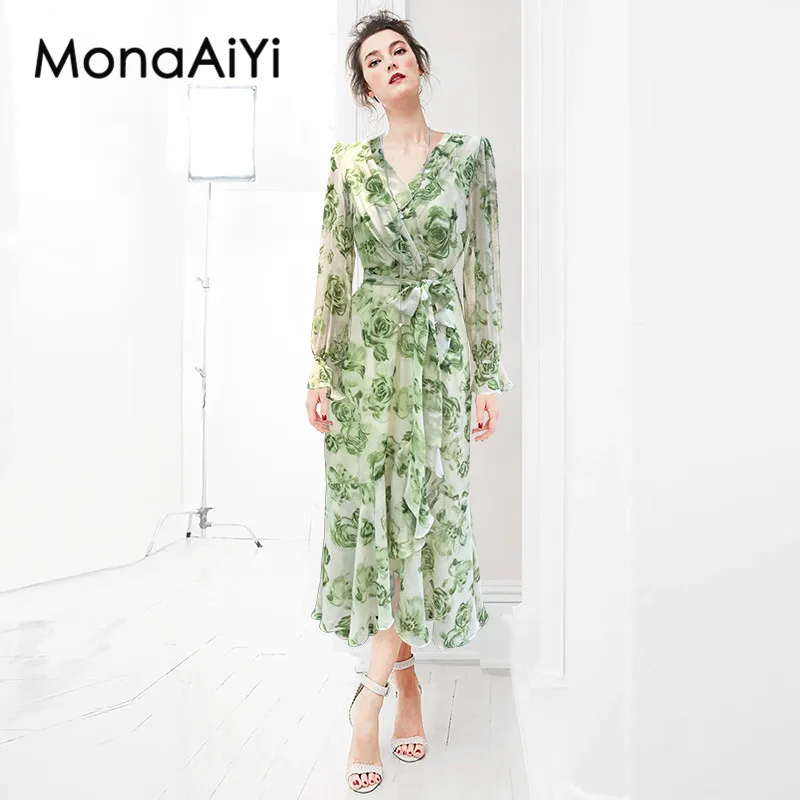 

MonaAiyi Fashion Women's New V-Neck Long Sleeved Floral Lace-Up Elegant Chic High-Waisted Printed Shaggy Vintage MIDI Dress