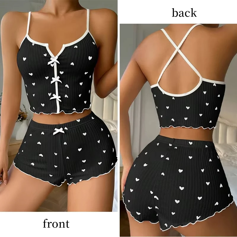 Women Pajamas Set Heart Print Silk V-Neck Sleeveless Shorts