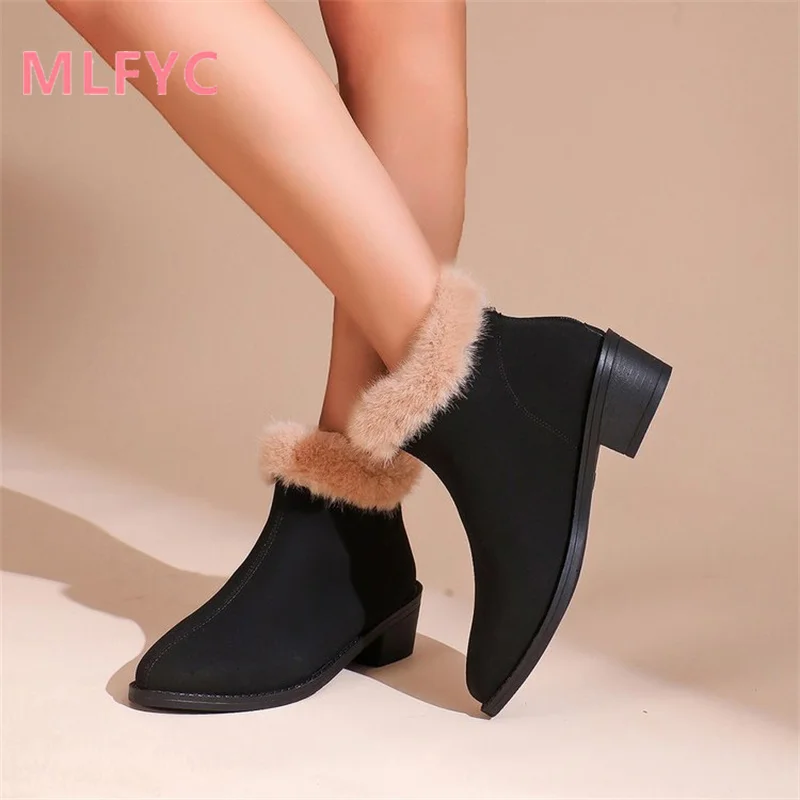 European American Pointed Thick Heeled Short Boots Women Winter New Back Zipper for Comfort Medium Heeled Ladies Fashion Boots