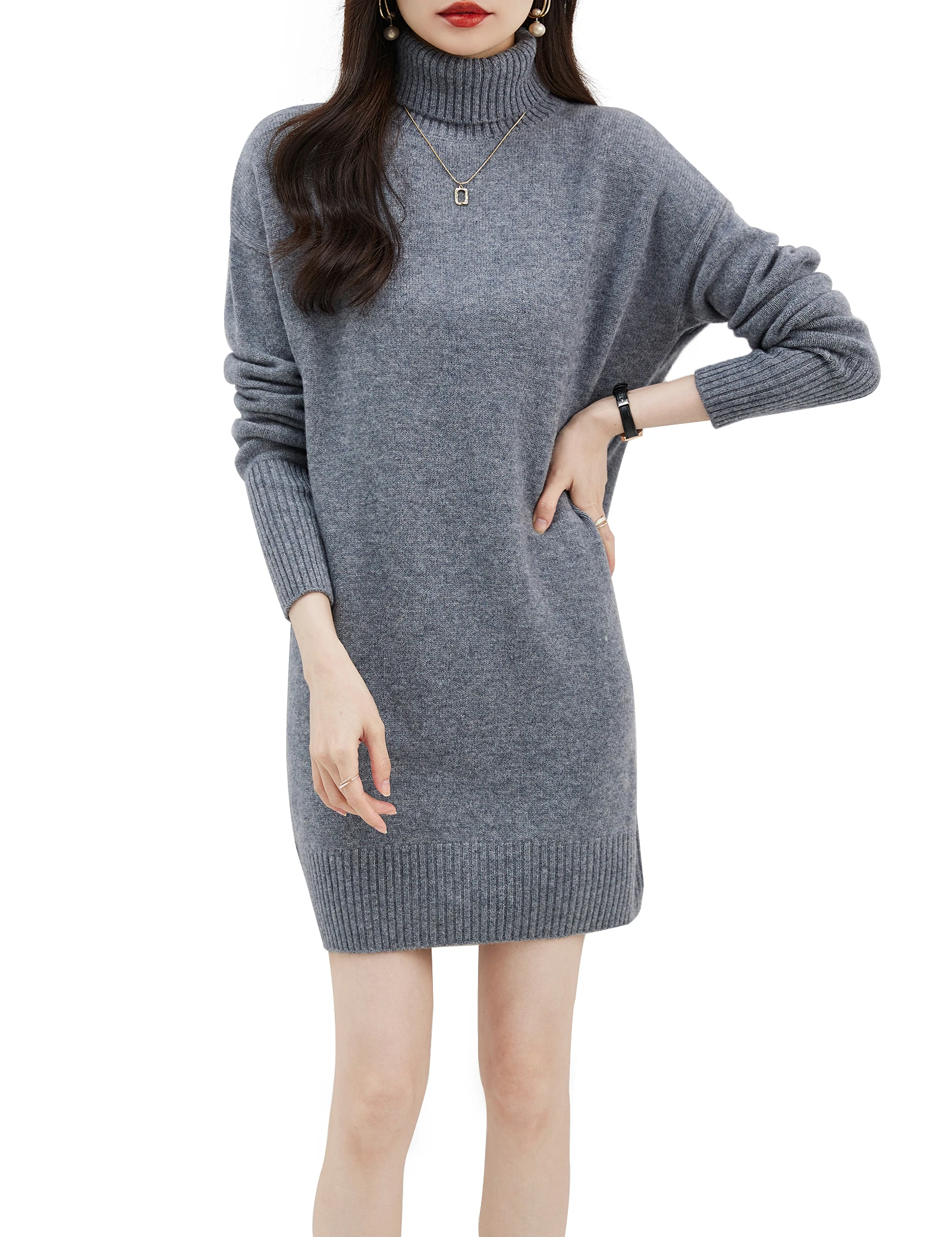 Classic Button Detail Long Sleeve Mini Turtleneck Sweater Dress