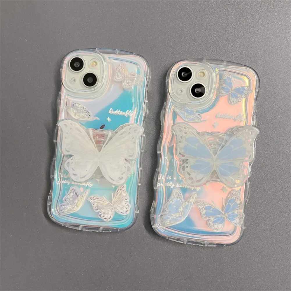 Bling 3D laser Butterfly Holder Soft Case For iPhone 13 12 11 14 15 Pro X XR XS MAX Plus + Wavy Border Back Cover