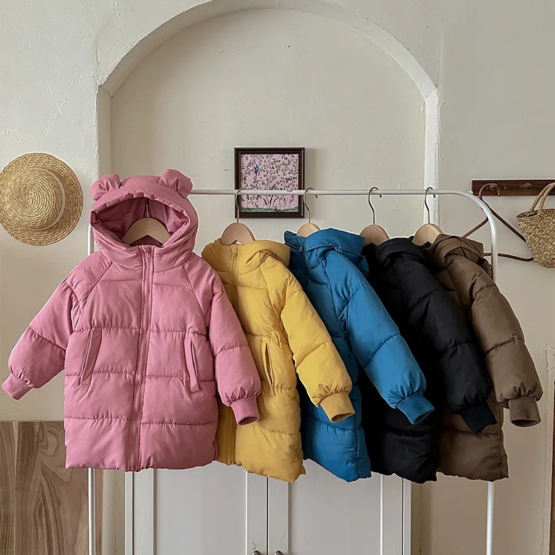 Girls Winter Coat Boys Padded Thickened Warm Long Outerwear Children Solid Color Hooded New Clothes Jacket 2-8 Years Old