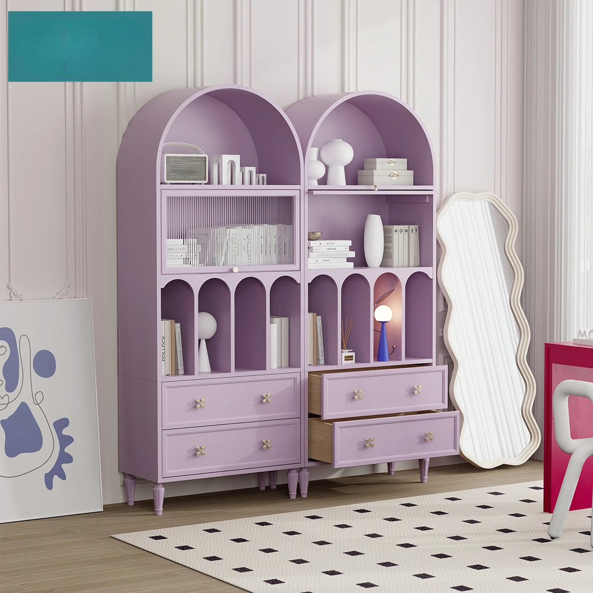 

Bookcase, arched sideboard, flip door wine cabinet, integrated Nordic pink cabinet, living room, purple corner cabinet