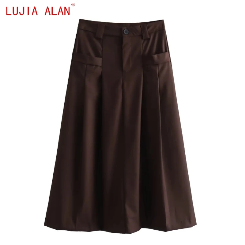 

New Women Pleated Decoration Midi A-line Skirts Female Casual High Waist Loose Street Clothing LUJIA ALAN P5282
