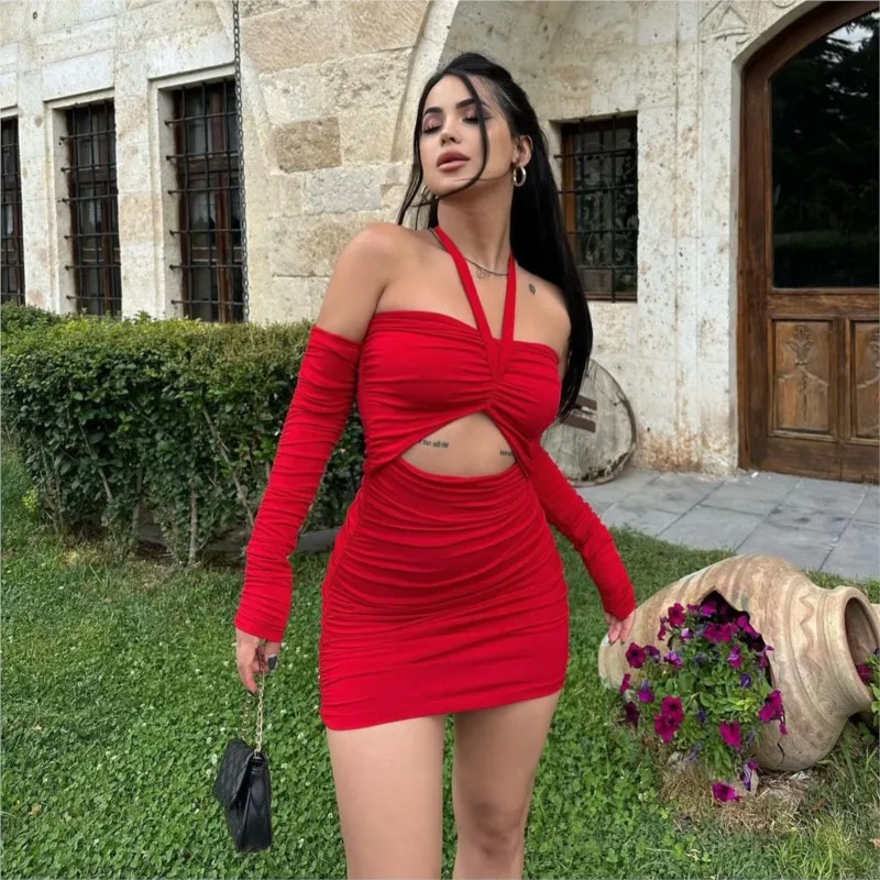 

Пляжное платье для женщин, накидка для выхода, новинка 2023, пикантное однотонное платье для плавания с открытой спиной, длинным рукавом, плиссированным воротником, из спандекса, на лето