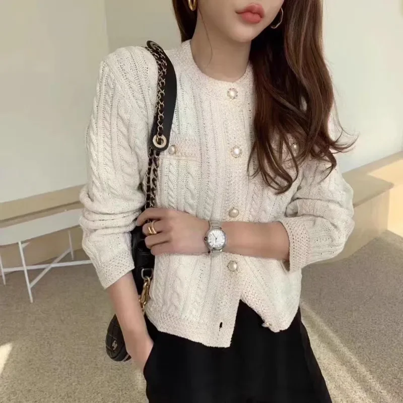 Autumn Elegant Knitted Long Sleeve Jackets Winter Korean Round Neck Twist Cardigan Sweater Outerwear Loose Casual Office Coats