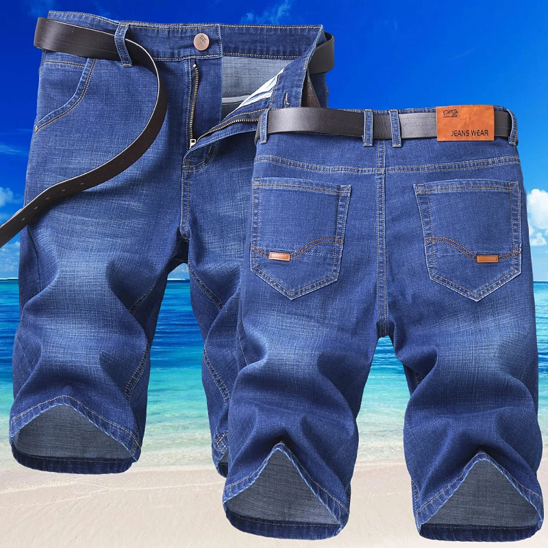 

2023 blue soft denim shorts men's summer elastic lightweight denim knee length shorts sports casual straight pants