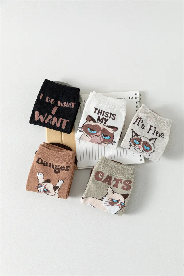 5 Paia Di Calzini Da Donna A Forma Di Gatto - Set Regalo Divertente Con Stampa Animale, Cotone Morbido, Taglia 4-7, Ideali Per Uso Quotidiano E Regalo Di Natale - 3