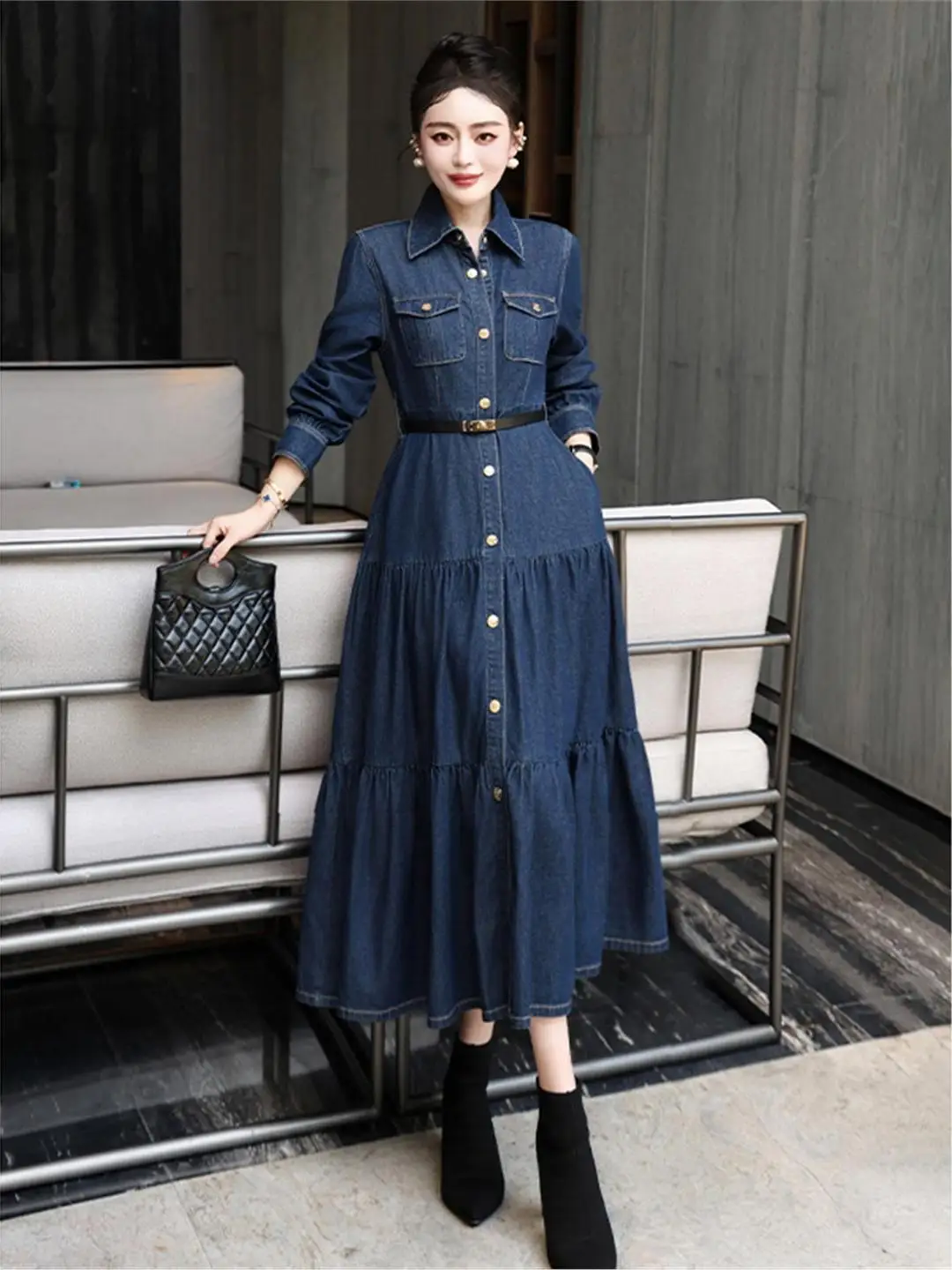 قميص نسائي قطن كم طويل ياقة كورية