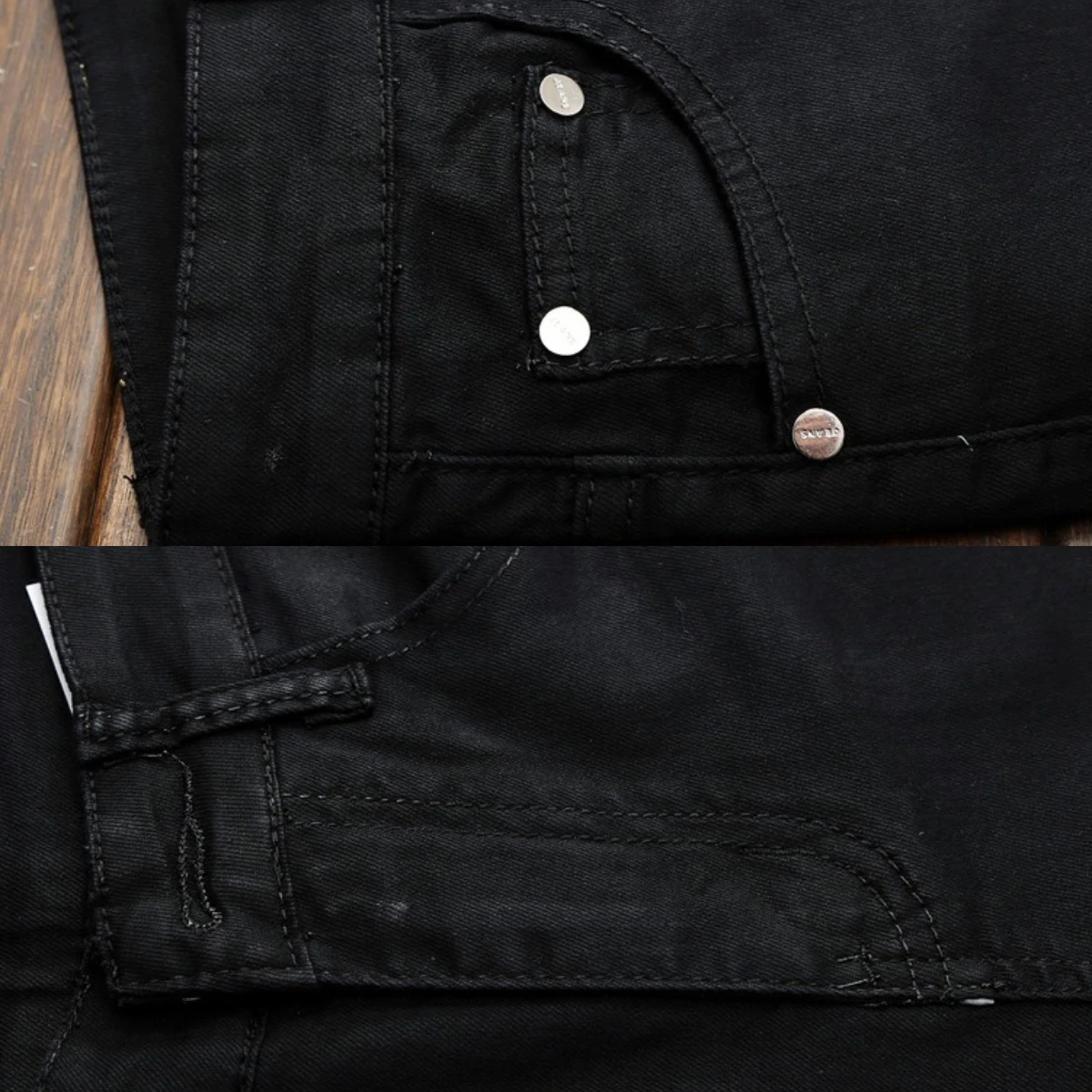 Men's Leather Knee Zipper Jeans Geometric Shape Straight Tube Cotton Soft Elastic Slim Fit Deep Black Pants 2024 High Elasticit