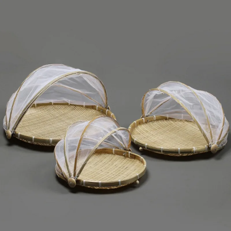 1PCS Hand Woven Bug Proof Basket Dustproof Kithen Picnic Basket Handmade Fruit Vegetable Bread Cover Wicker Basket With Gauze_voghion.com