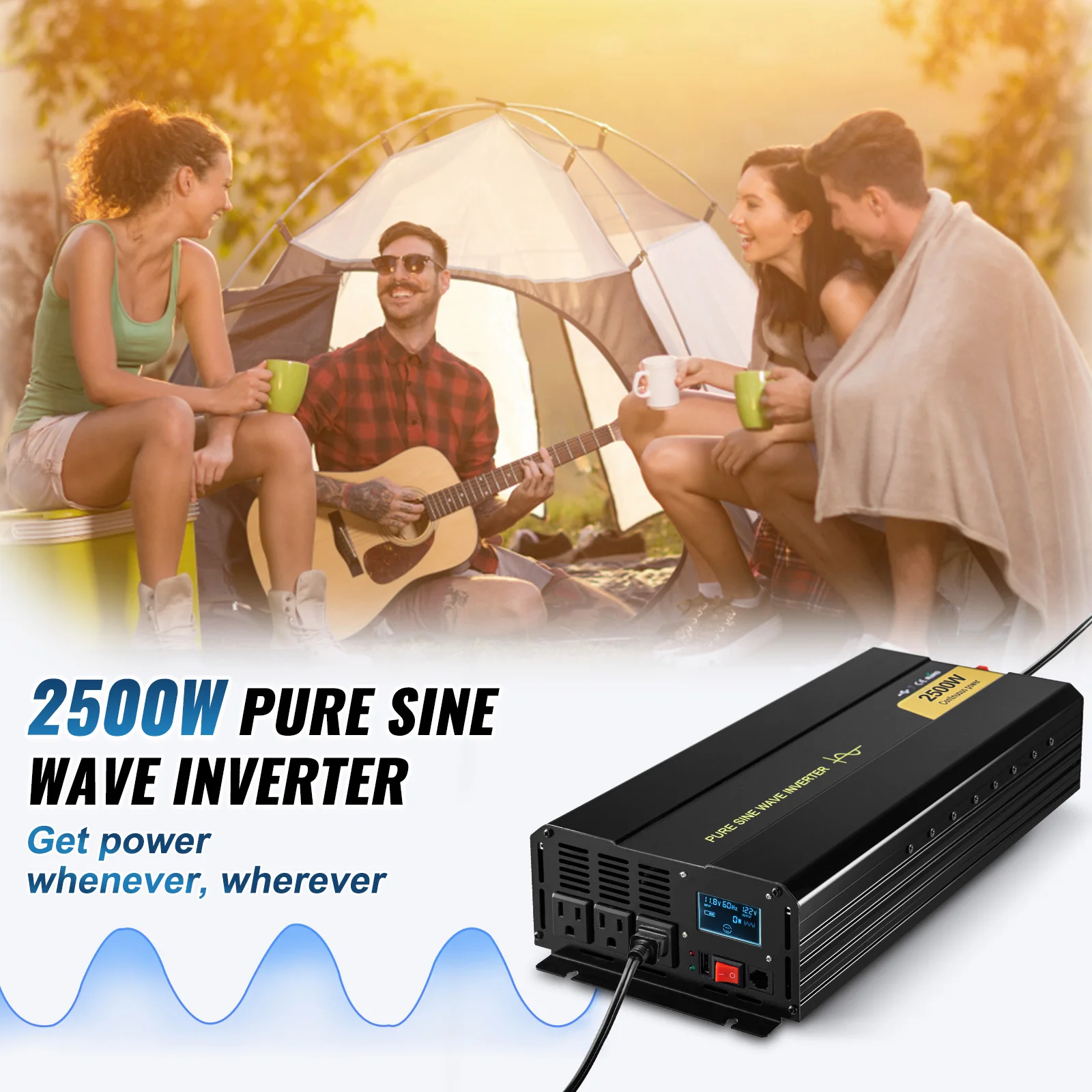 SucceBuy Pure Sine Wave Power Inverter 12V DC to 120V AC Aluminum Alloy LCD Screen & LED Indicators Powering Laptop Fan Grinder 2
