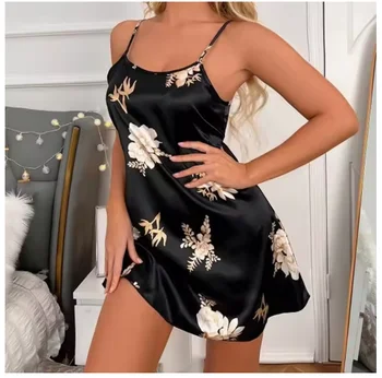 Women Nightwear Home Clothes Sexy Black Floral Printing Nightdress Sleepwear Nightshirts Silk Sleepshirts Nightgowns For Woman 4