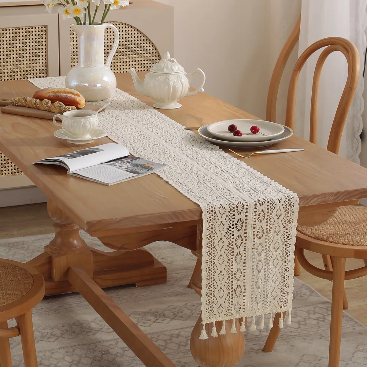 

Table Runner Nordic Crocheted Lace Cotton Bohemian Style Table Runners With Tassels Dining Wedding Home Table Decoration