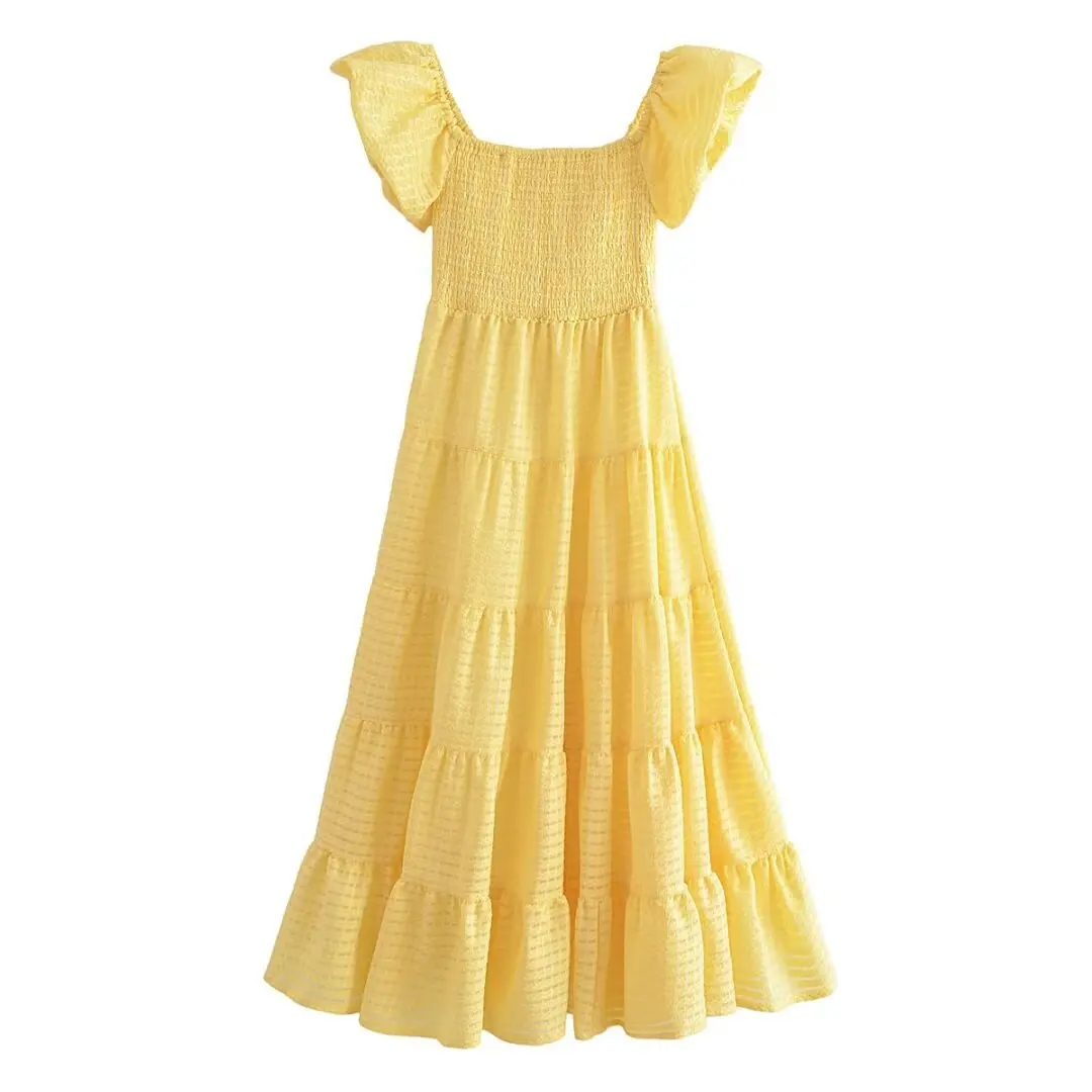 

2024 Europe and America Wind Spring Women's New Yellow V-neck Printed Short-sleeved Dress Fluffy Skirt